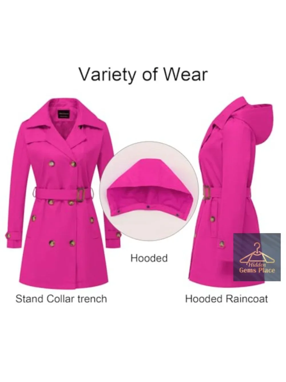 Women's Double-Breasted Trench Coat Belted Water Repellent Detachable Hood